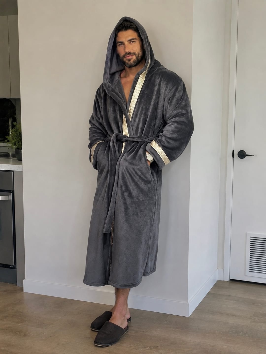 Customer photo review of Grey Hooded Royalty Robe with Gold & Silver Greek Key Trim