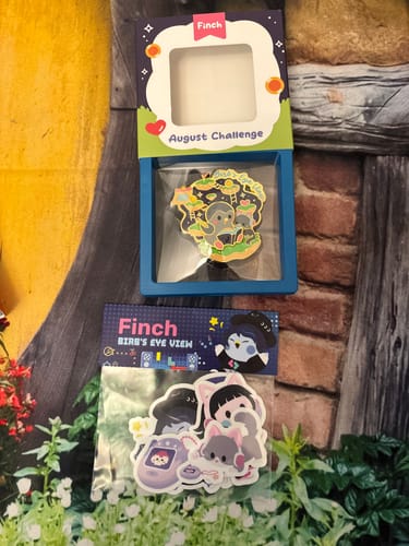 Customer's Birb's Eye View Pin in an August Challenge display box with a package of stickers featuring a cat.