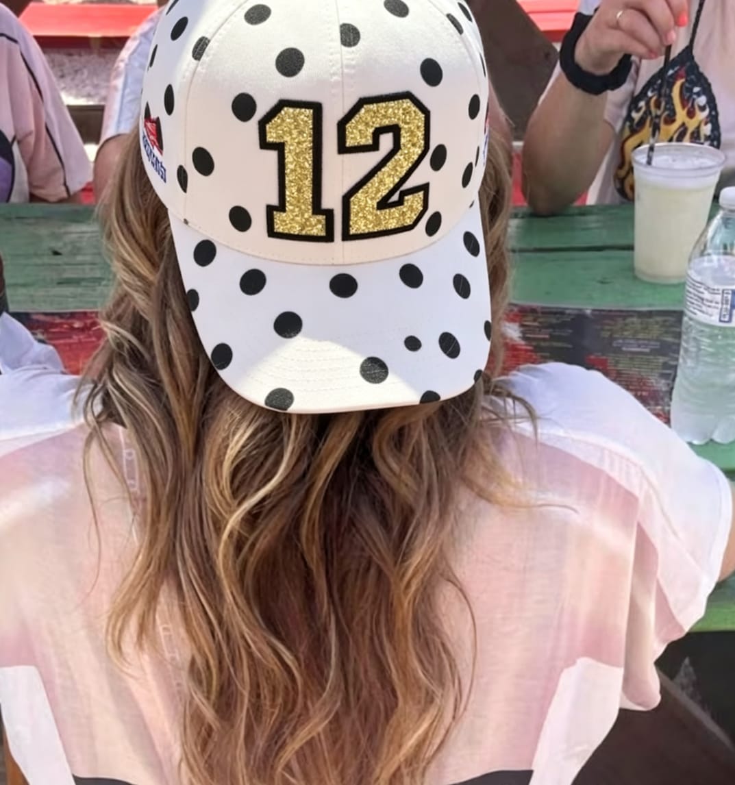 Customer photo review of Custom Glitter Sports Polka Dot Hat Custom Number or Letter Game Day Baseball Cap | Game Day Wear