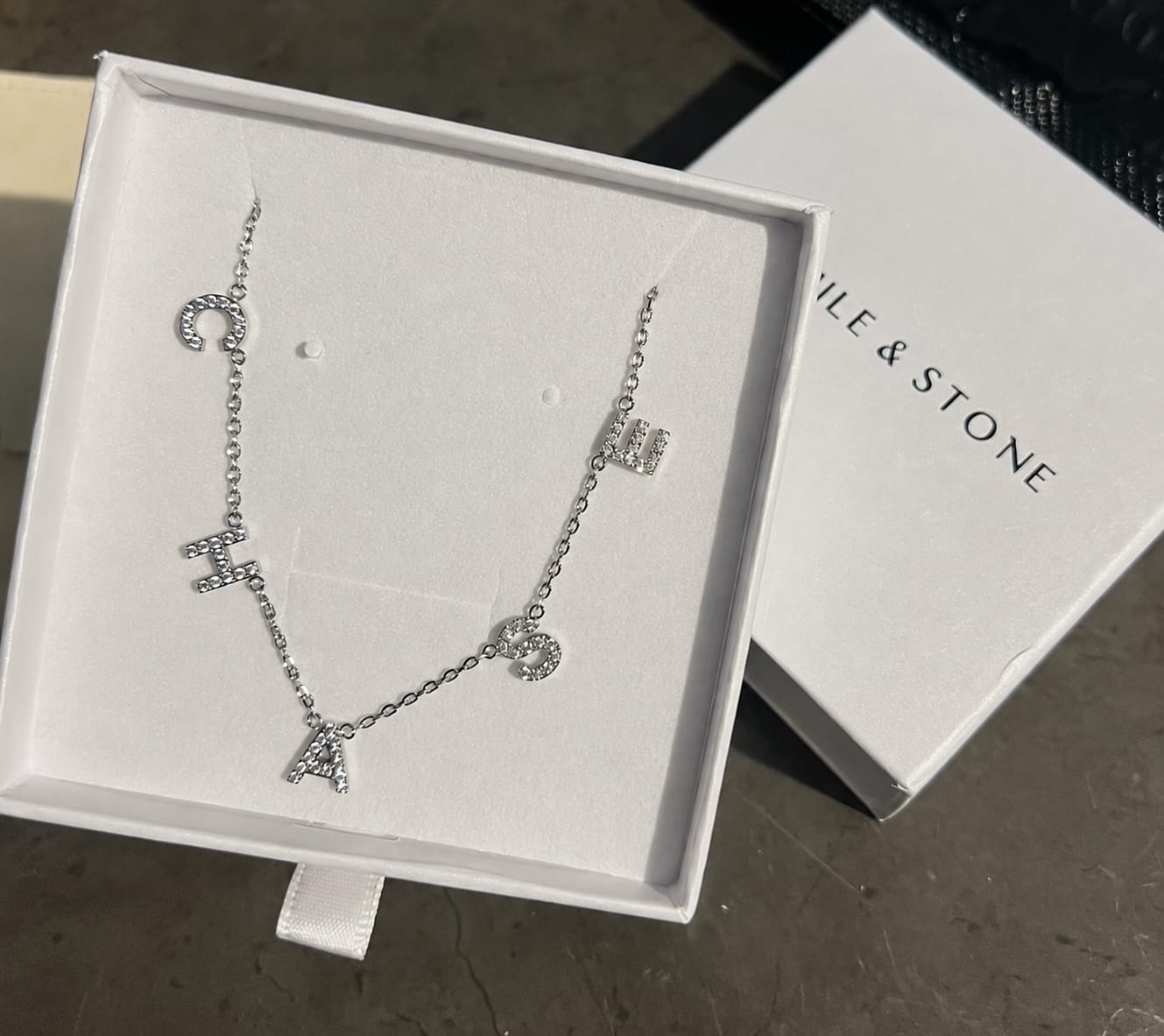 Customer photo review of Multi Initial Sapphire Letter Necklace