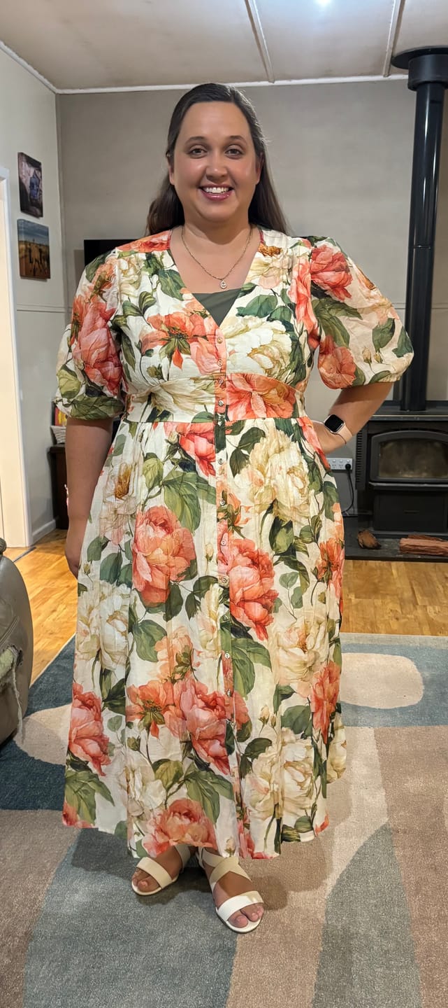 Customer photo review of Montanna Midi Dress in Coral