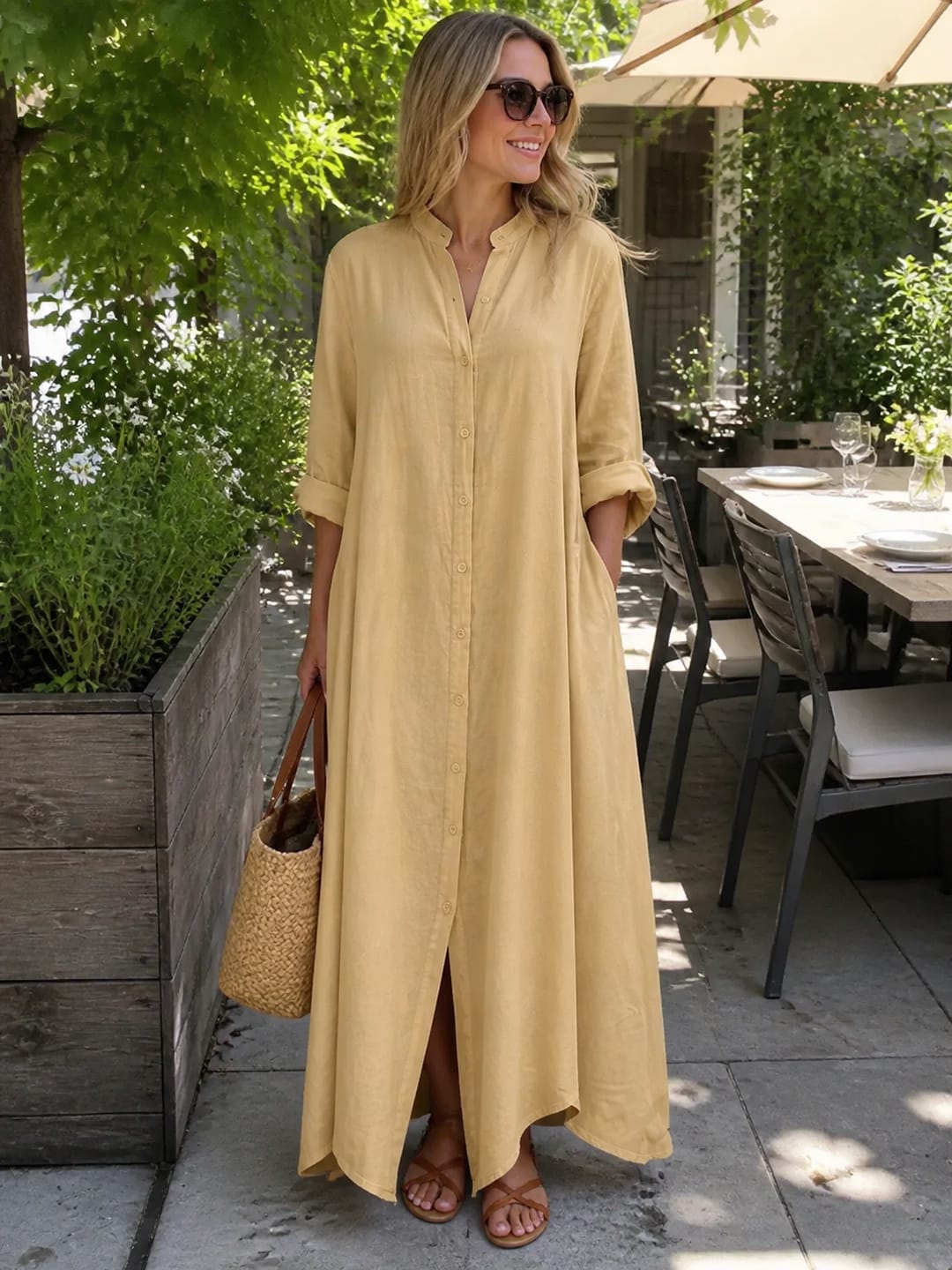Customer photo review of Solid Color Pockets Buttoned Loose Long Sleeves Lapel Maxi Dresses