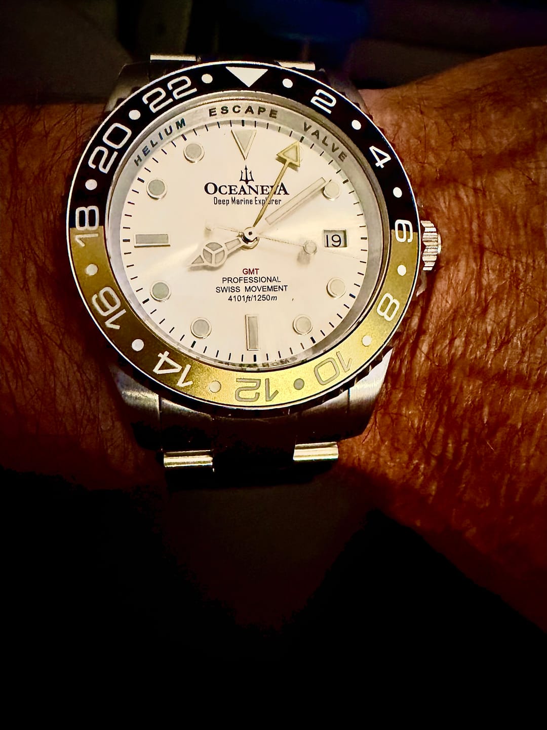 Customer photo review of Oceaneva Men's GMT Deep Marine Explorer 1250M Pro Diver Silver Dial Watch Yellow and Black