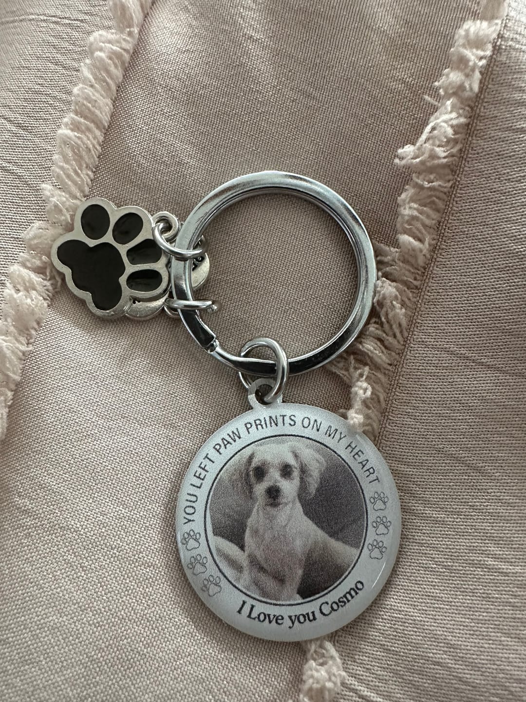 Customer photo review of Custom Personalized Photo Keychain Pet Charm Key Ornaments - Memorial Gift for Dog/Cat Lovers - You left paw prints on my heart