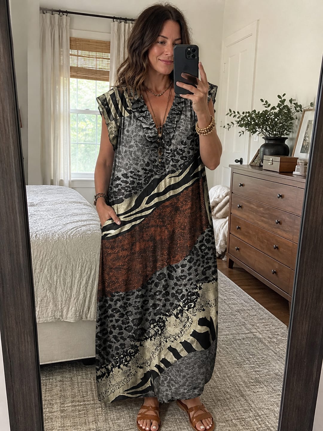 Customer photo review of Ruffled Printed Pockets Sleeveless Loose V-Neck Maxi Dresses
