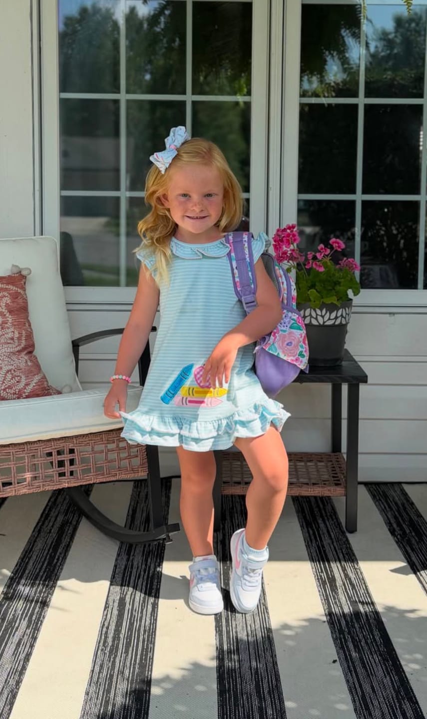 Customer photo review of Bright Crayons Light Blue Stripe Milly Dress