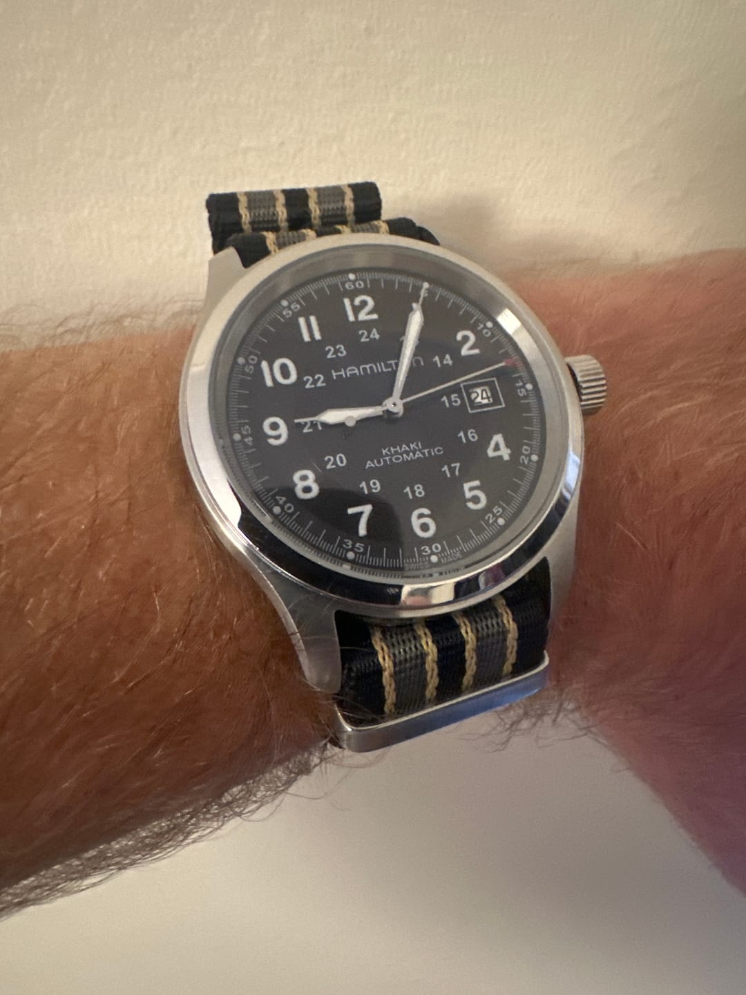 Customer photo review of Premium Woven Military Style Watch Strap - Black, Grey and Beige (No Time To Die Strap)