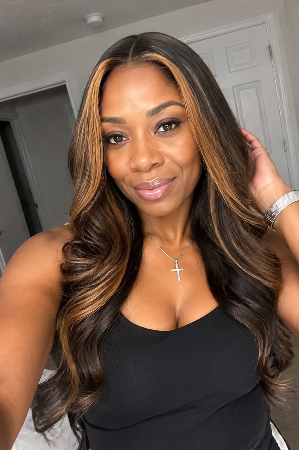 Customer photo review of Luvwin Brown Hair Wig With Caramel Highlights 180% Density Pre Cut Lace Glueless Wigs For Black Women