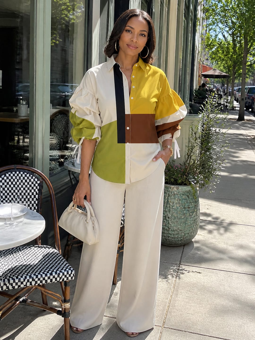 Customer photo review of Tied Split-Joint Elasticity Contrast Color Buttoned Three-quarter Sleeves Puff Sleeves Lapel Blouses&shirts Tops