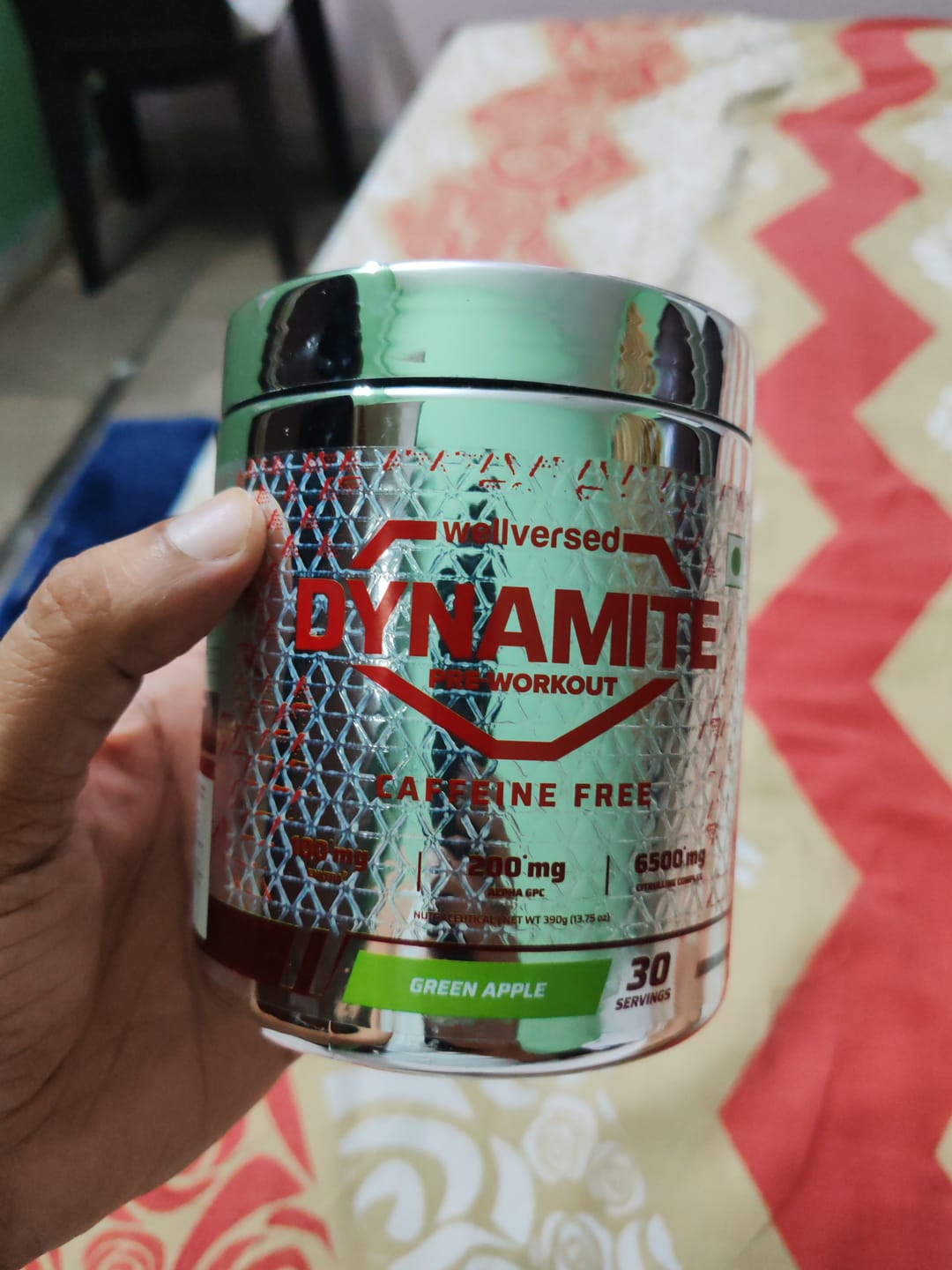 Customer photo review of Dynamite Pre-Workout Caffeine Free (390g, 30 Servs) | Green Apple