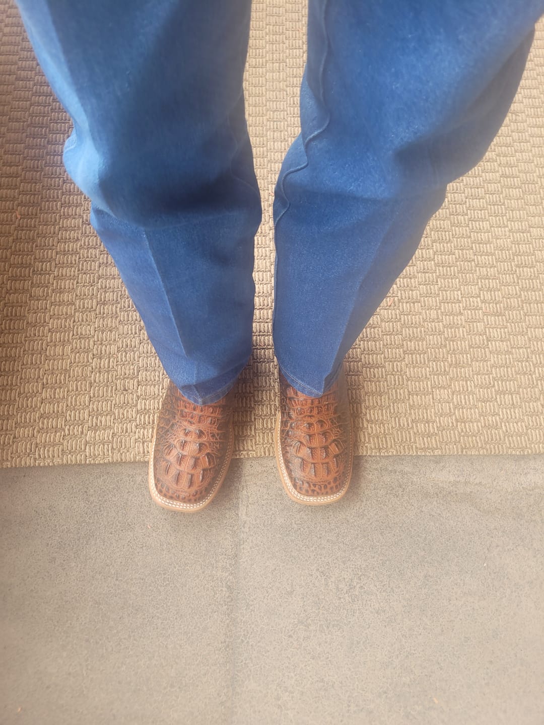 Customer photo review of Two-Tone Cognac Caiman Neck Leather Boots - Square Toe