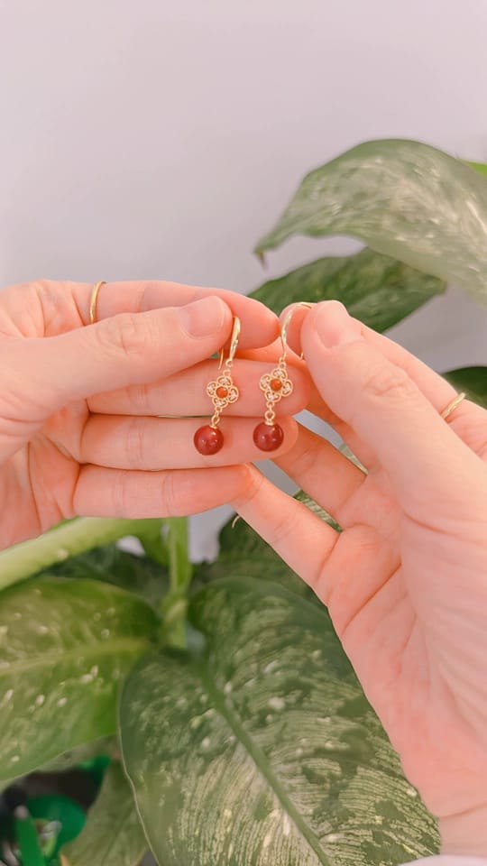 Customer photo review of Rosalind Cinnabar Clover Drop Earrings