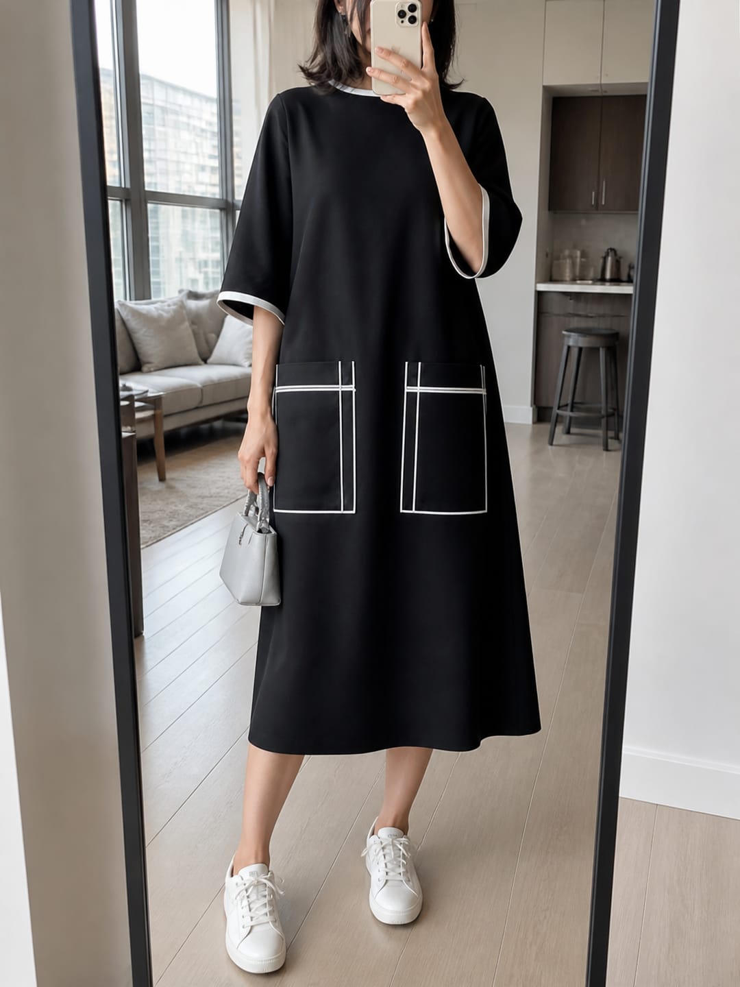 Customer photo review of Pockets Contrast Color Plus Size Loose Round-neck Midi Dresses