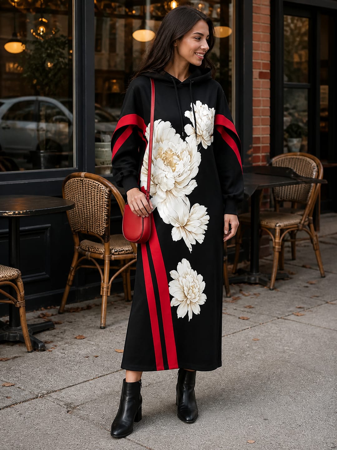 Customer photo review of Flower Print Drawstring Contrast Color Long Sleeves H-line Hooded Midi Dresses