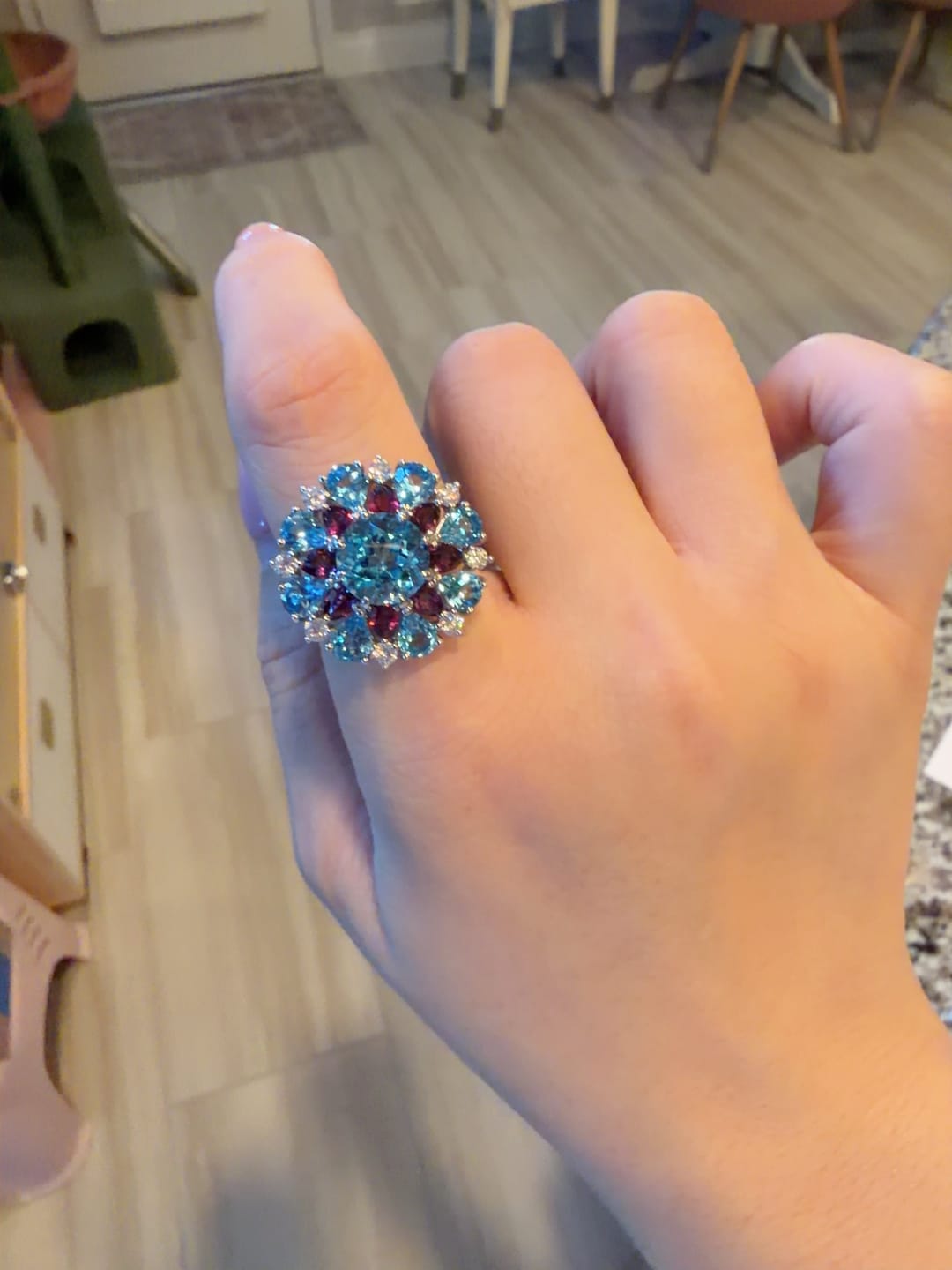 Customer photo review of [Designer’s Choice] Aqua Bloom Natural Blue Topaz & Garnet Floral Jewelry Set