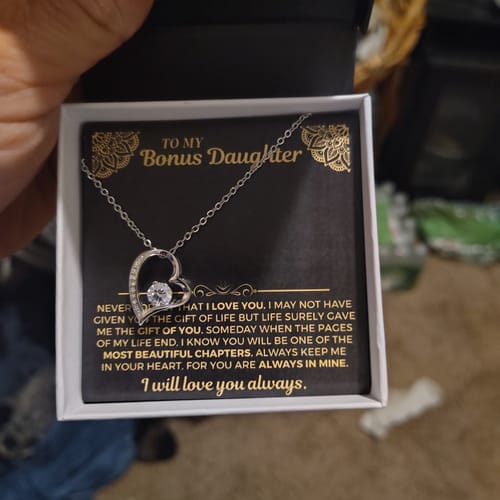 Customer's Forever Love Gift Set with heart-shaped necklace and heartfelt message card inside a white box.