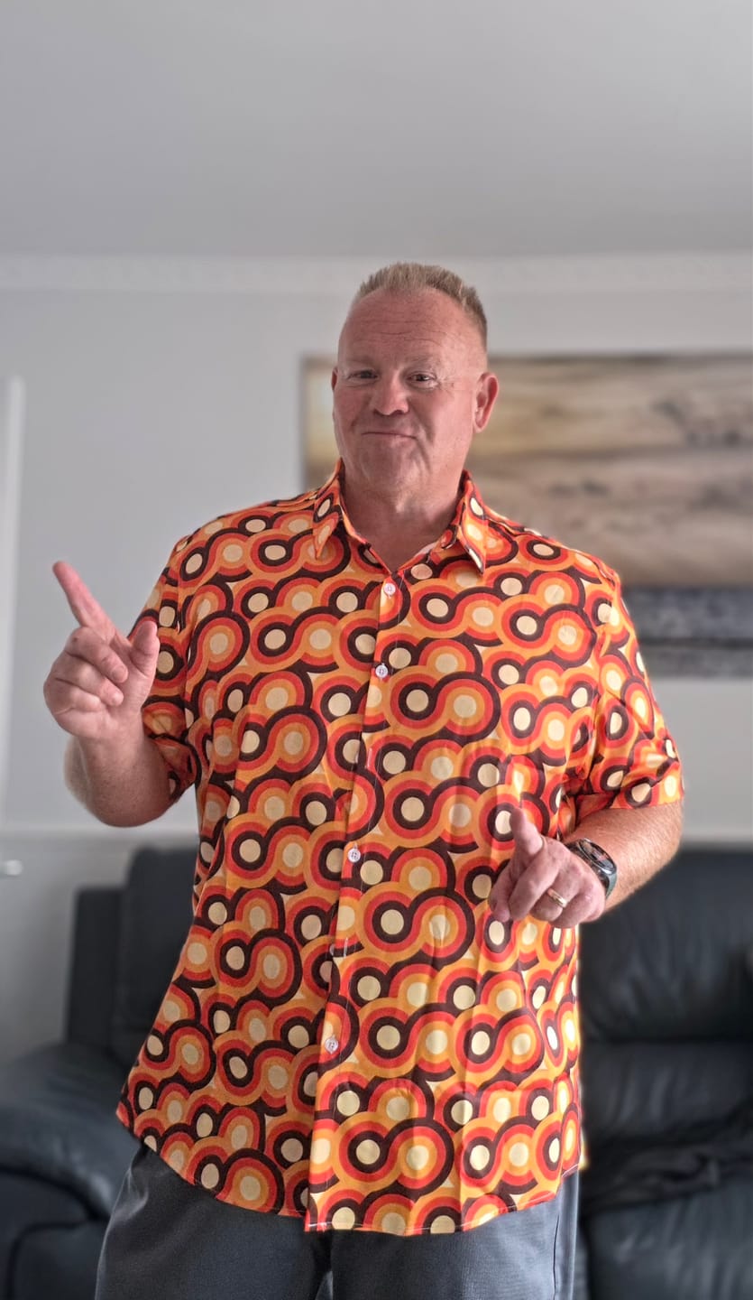 Customer photo review of Men's Orange 70s Retro Button Up Vintage Geometric Circle Summer Beach Short Sleeve Shirt