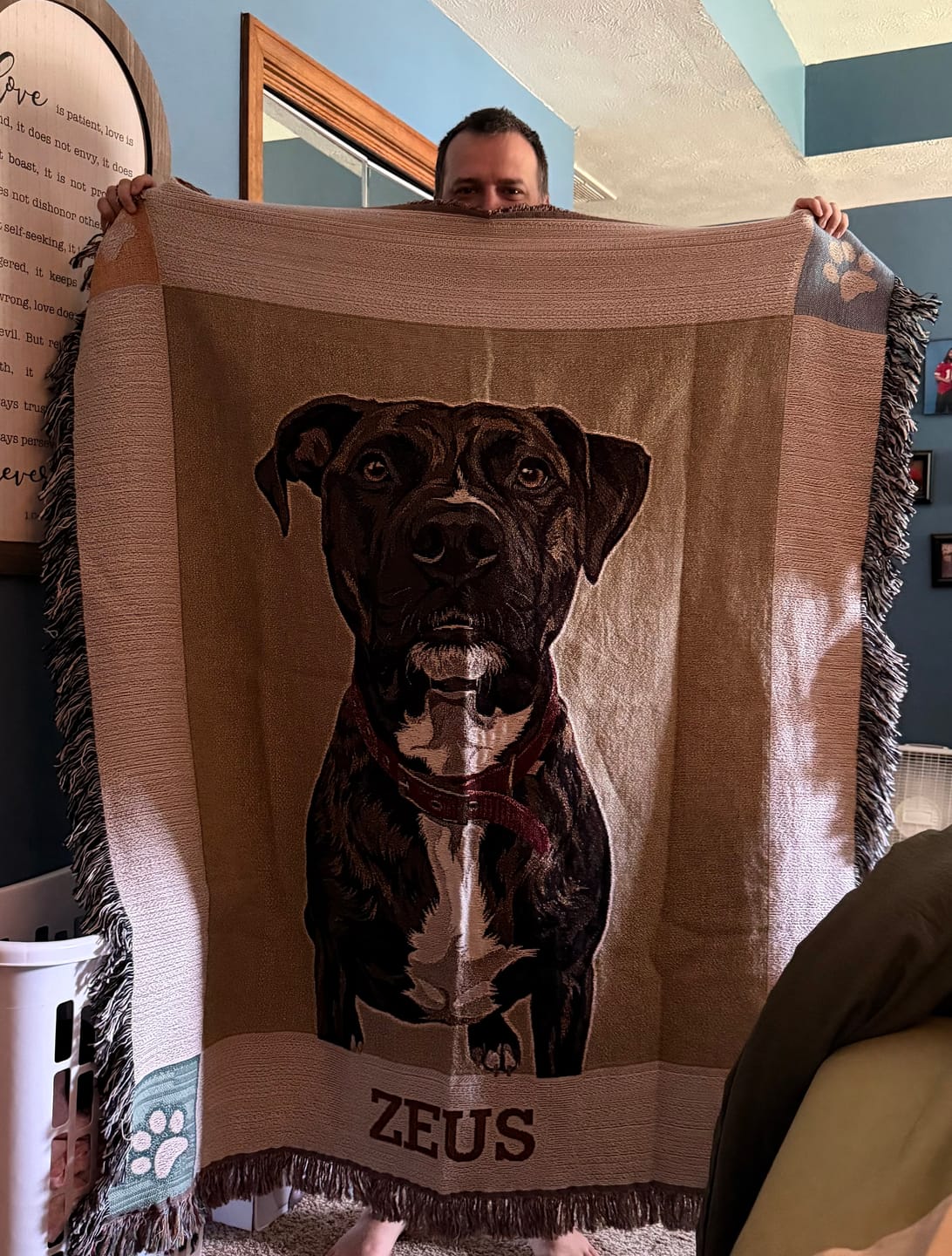 Customer photo review of Custom Pet Portrait Monogram Throw Blanket