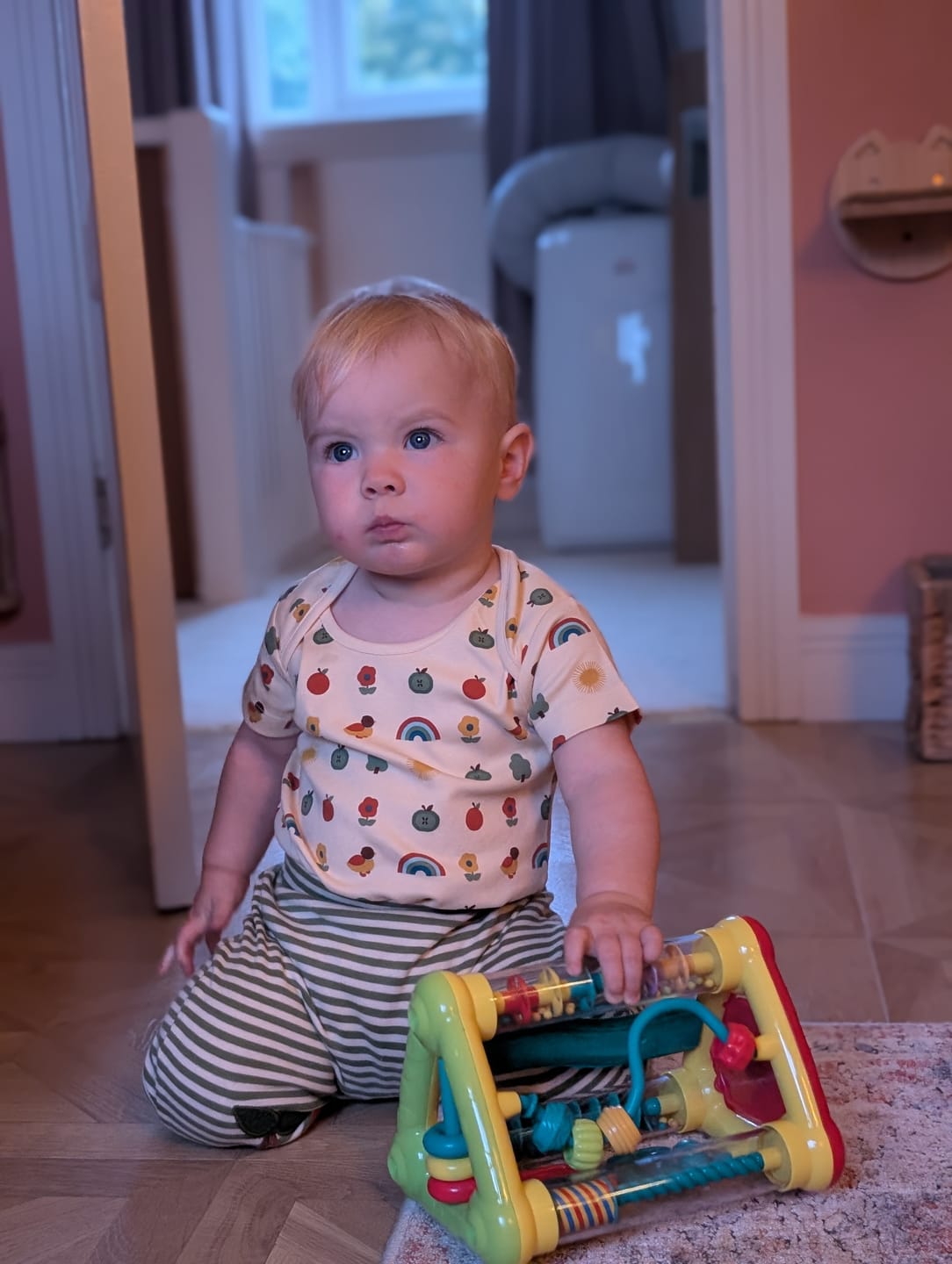 Customer photo review of Vintage Rainbows Organic Baby Bodysuit 2 Pack