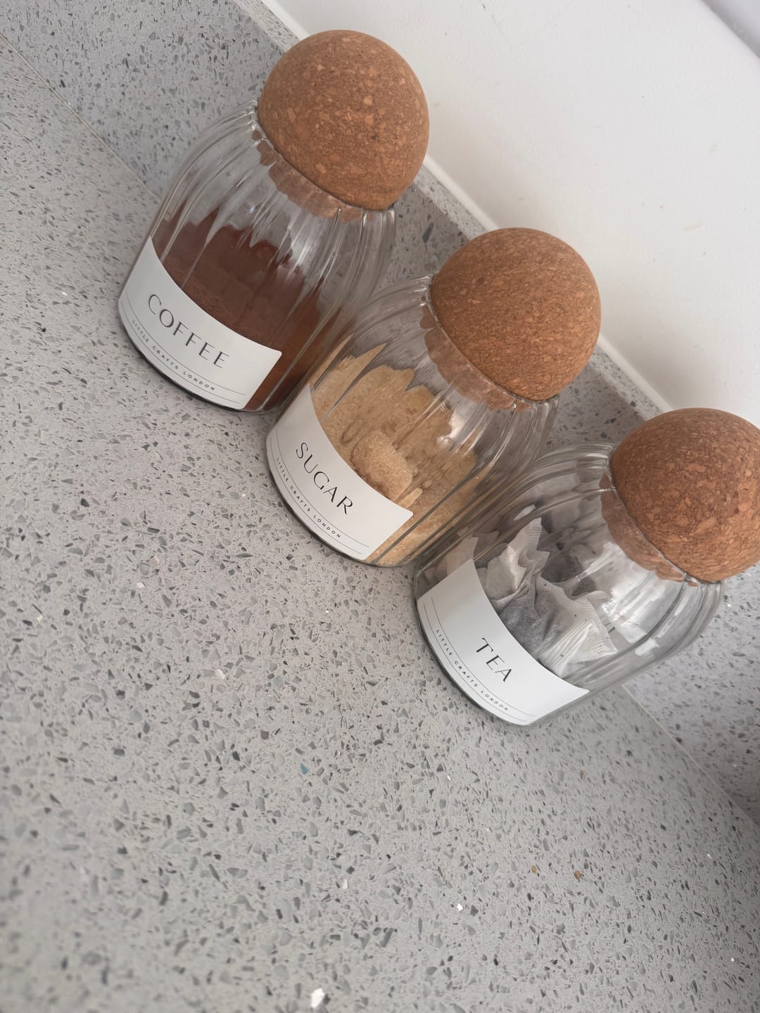 Customer photo review of Set of 3 Cork Ball Glass Jars - Tea, Coffee and Sugar 500ml - Ribbed Cork Ball