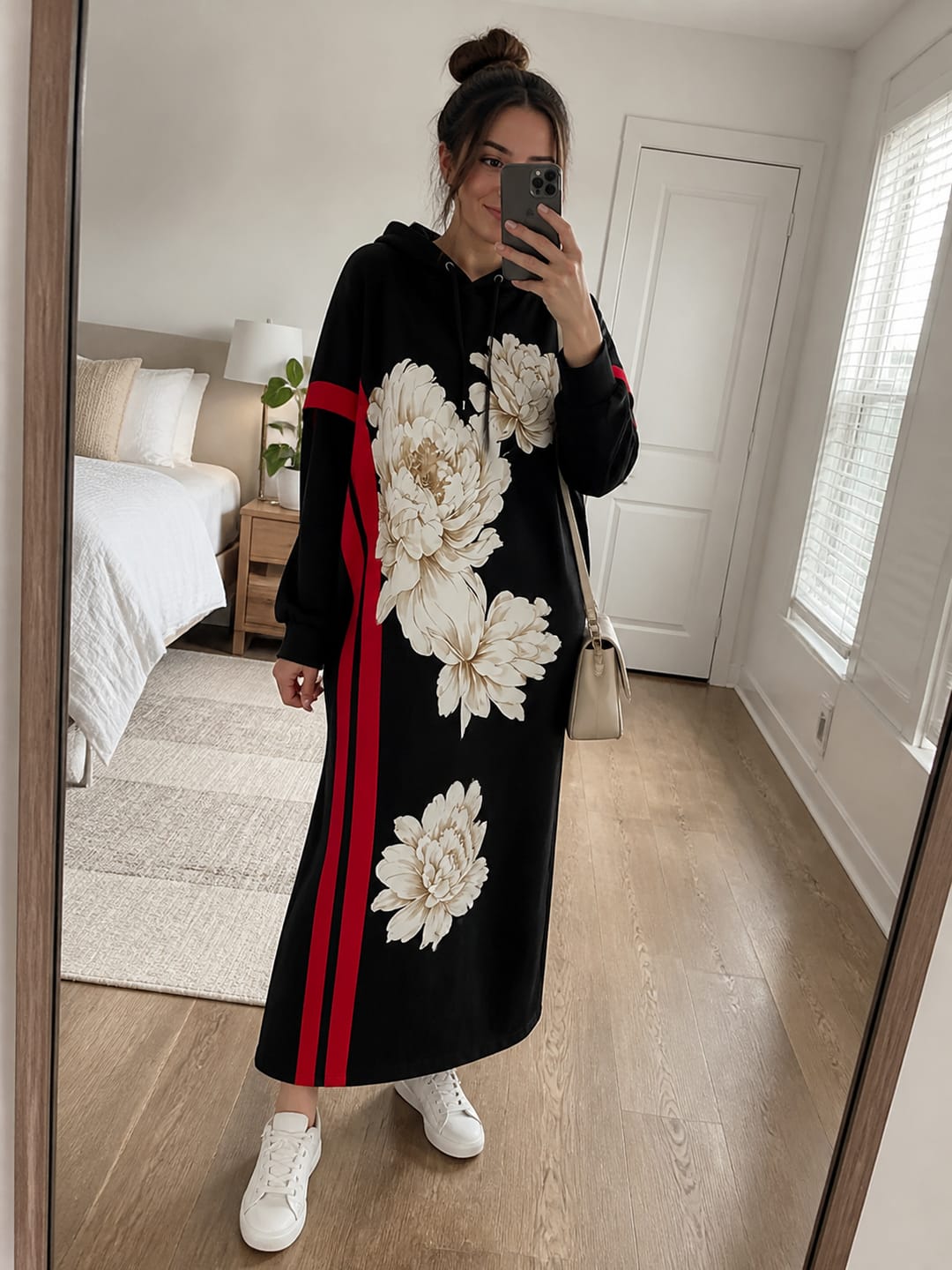 Customer photo review of Flower Print Drawstring Contrast Color Long Sleeves H-line Hooded Midi Dresses