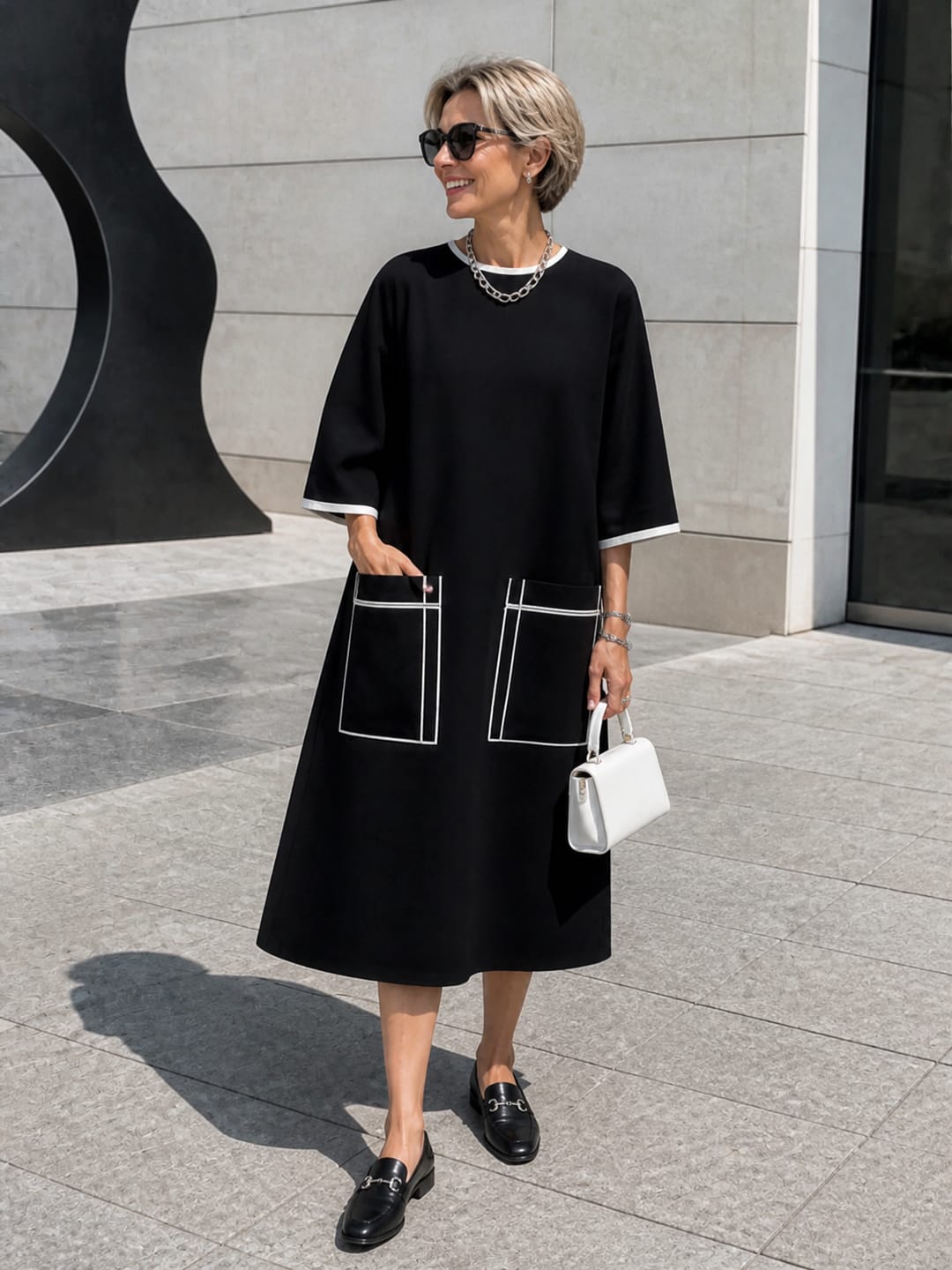 Customer photo review of Pockets Contrast Color Plus Size Loose Round-neck Midi Dresses