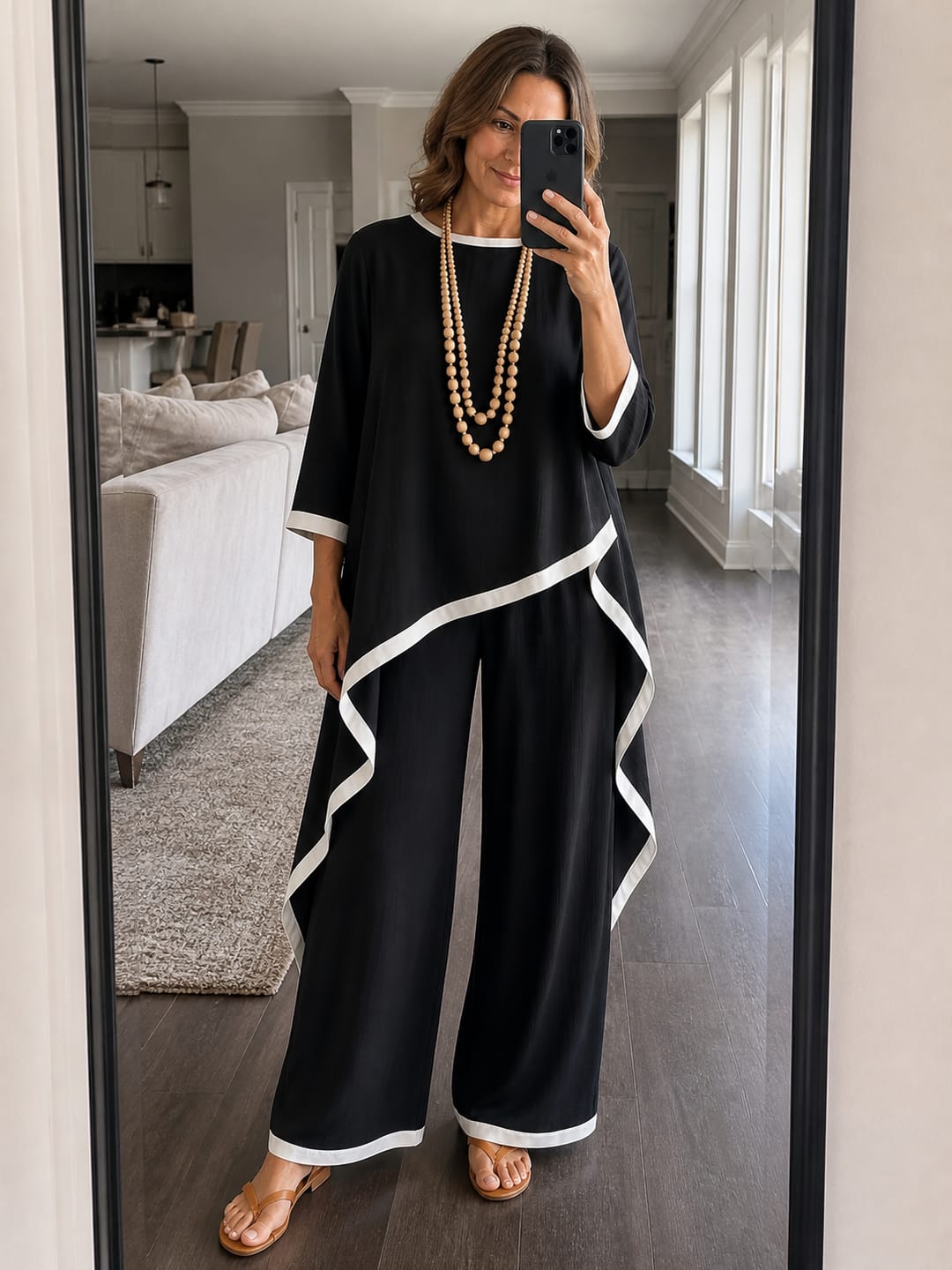 Customer photo review of Loose Contrast Color Split-Joint Round-neck High-low Asymmetric Blouses&shirts Tops + Pockets Pants Trousers Two Pieces Set