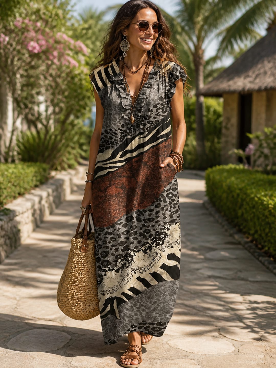 Customer photo review of Ruffled Printed Pockets Sleeveless Loose V-Neck Maxi Dresses