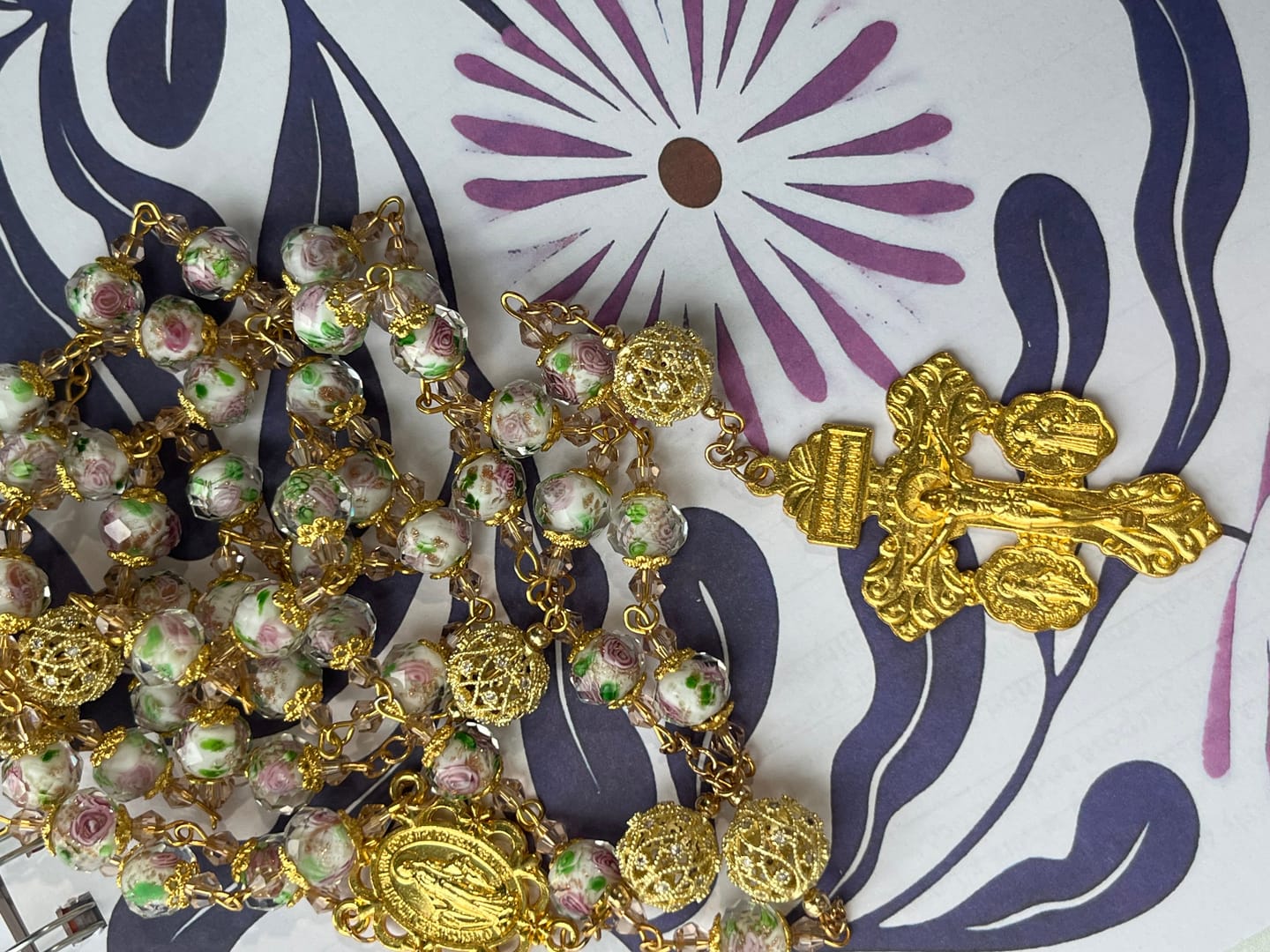Customer photo review of SolaceBeads White Floral Lampwork Glass Rosary: Grace With Gold Filigree & Miraculous Medal