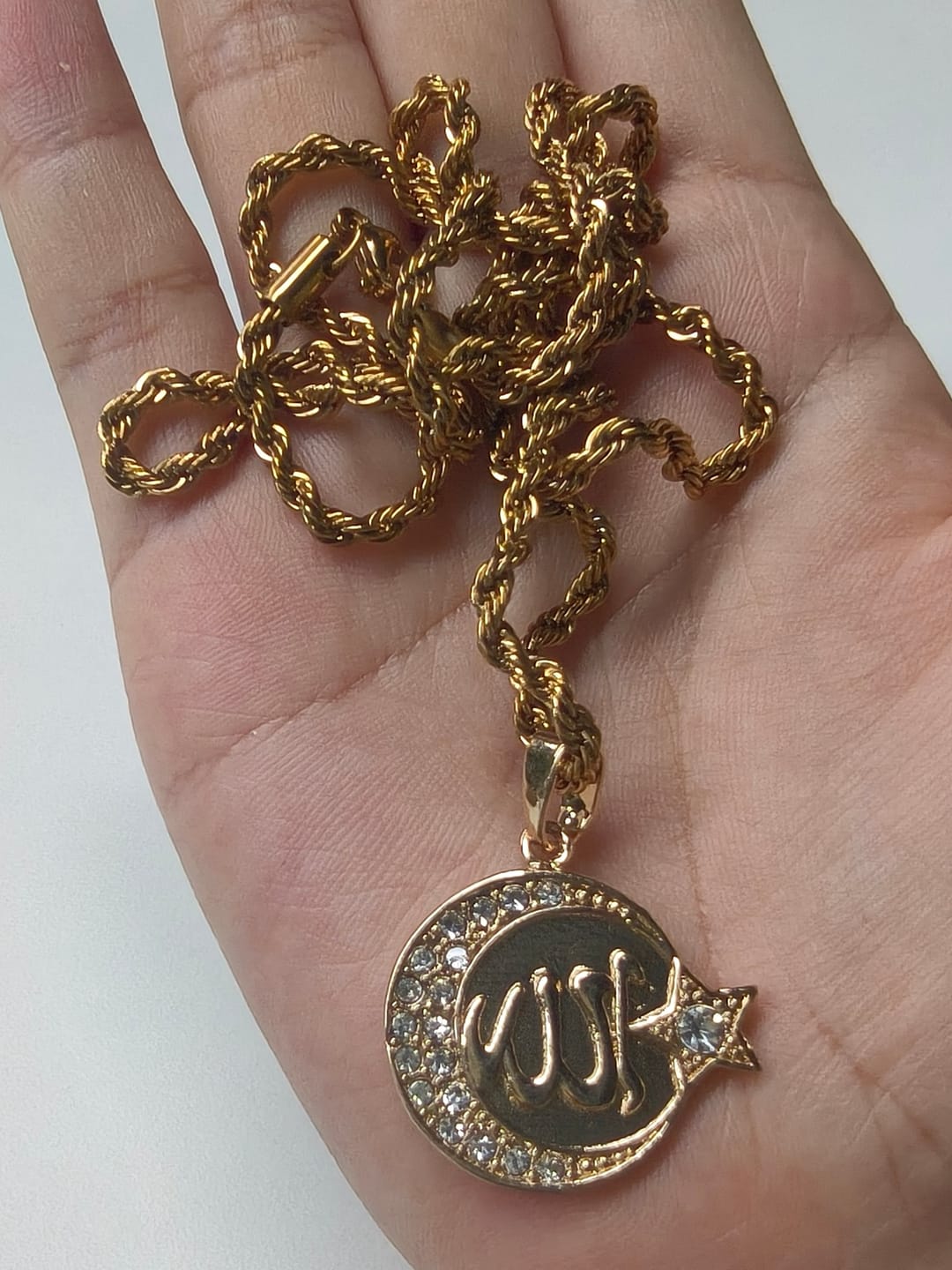 Customer photo review of HilalHaven Lunar Crest Allah Zircon Border Medallion Pendant Necklace