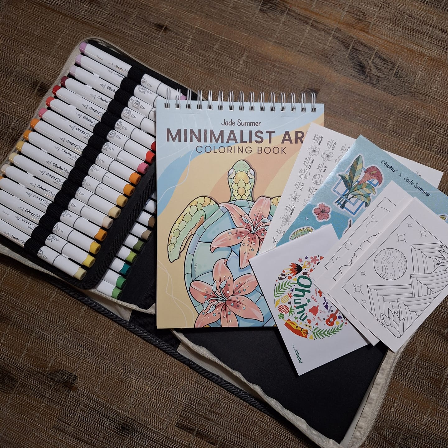 Customer photo review of Ohuhu x Jade Summer Alcohol Markers & Coloring Book Set, 47 Colors + 1 Colorless Blender, Honolulu B, Brush & Fine Dual Tips