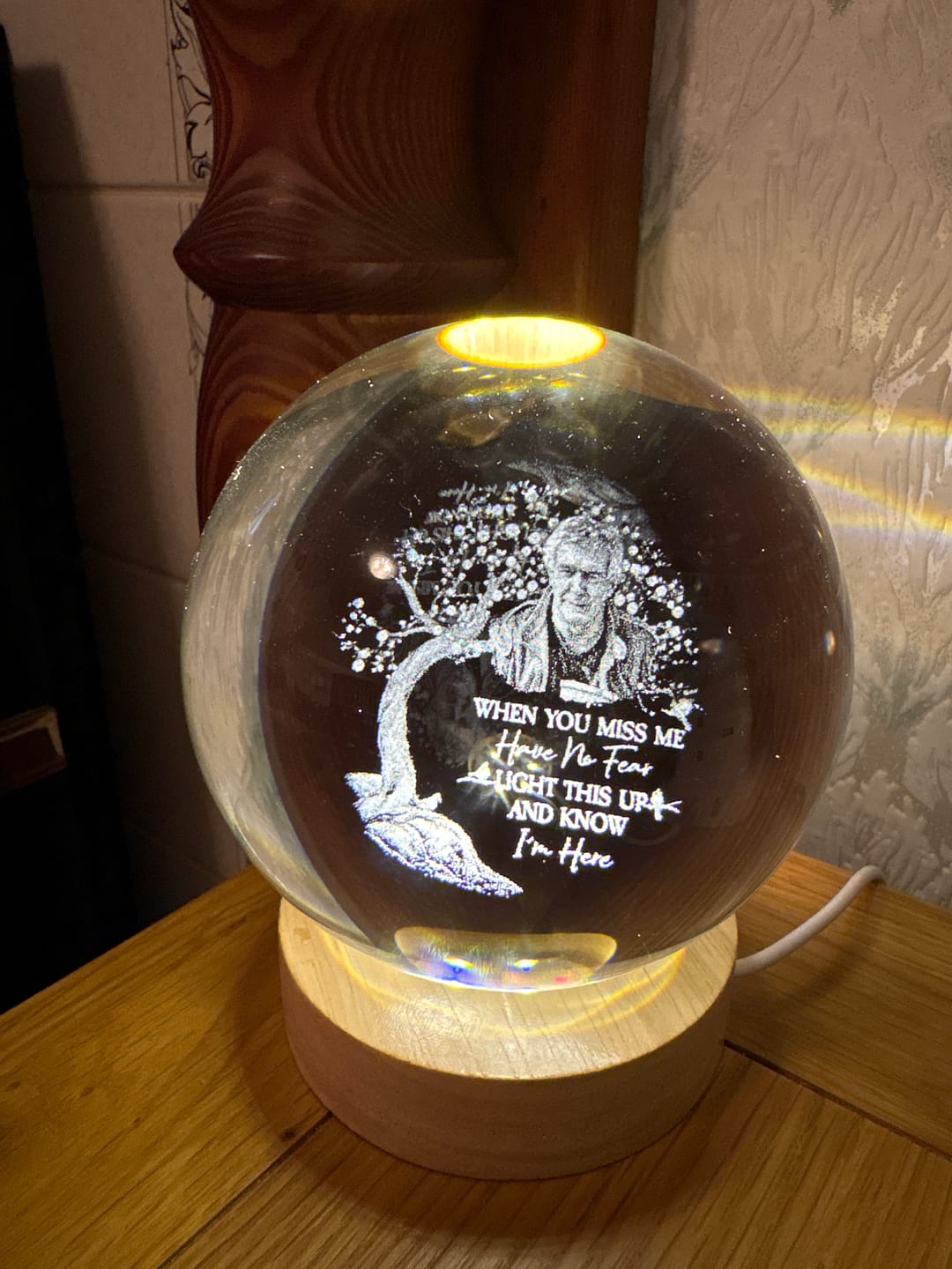 Customer photo review of Custom Photo When You Miss Me - Personalized Crystal Ball LED Night Light - Sympathy Gift For Family Members