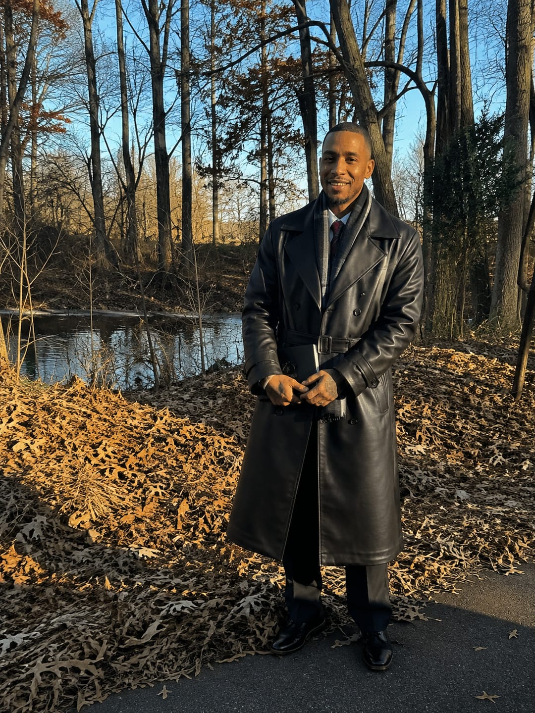 Customer photo review of Cipher Black Single-Breasted Leather Trench Coat For Men