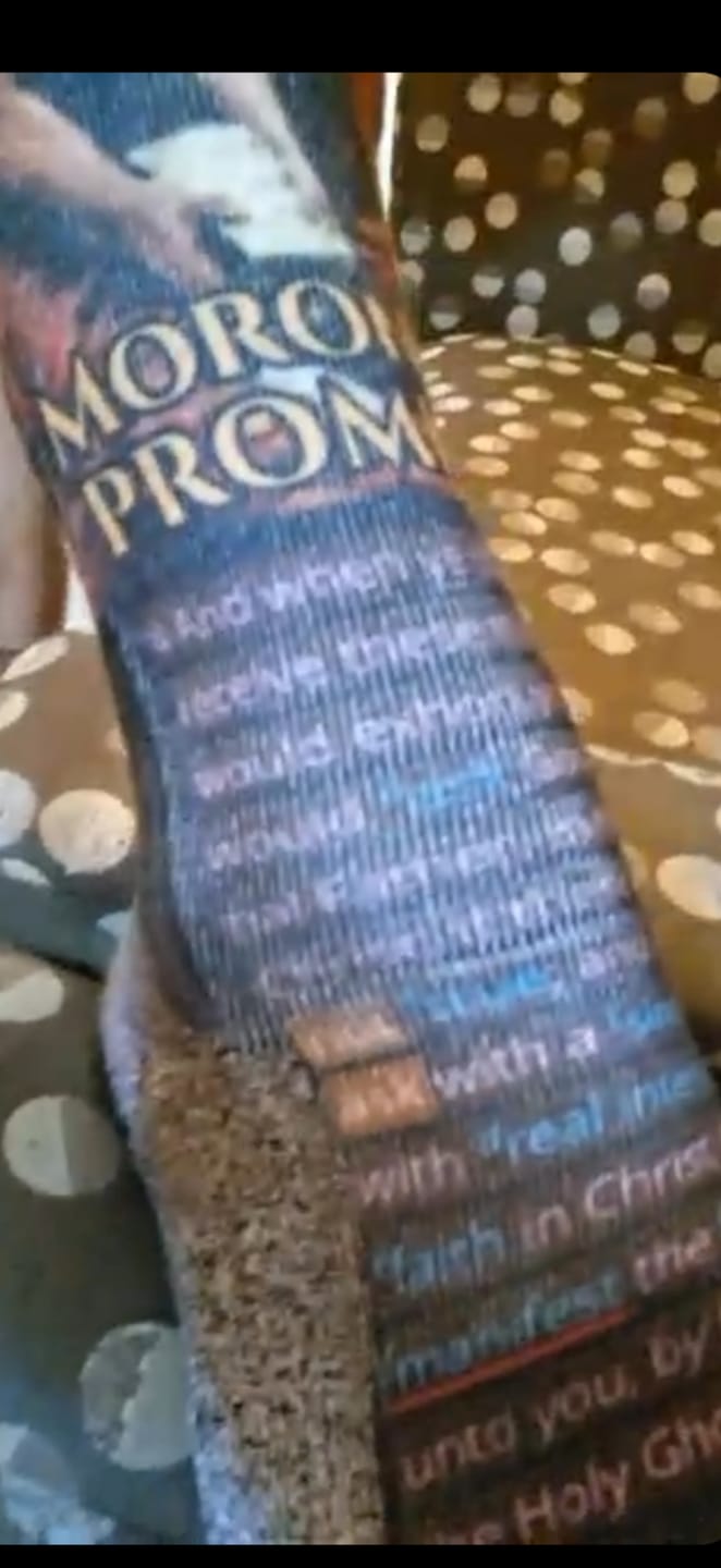 Customer photo review of Moroni's Promise (Moroni 10:4-5) - Scripture Crew Socks