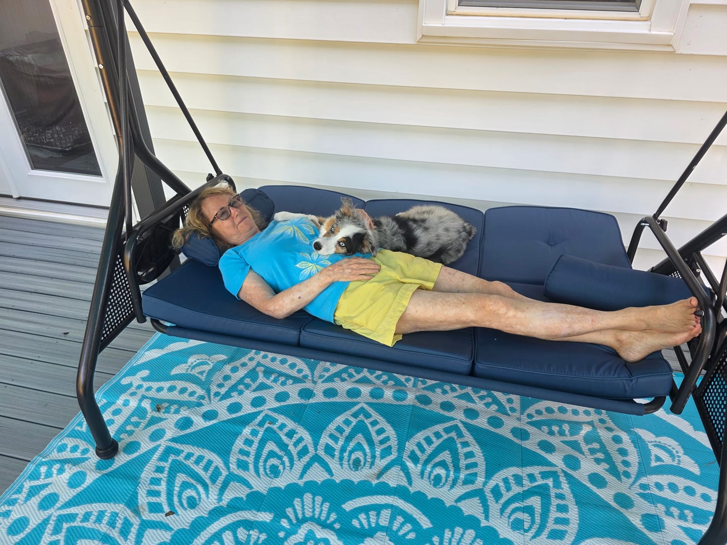 Customer photo review of Homrest 3-Seater Outdoor Porch Swing with Stand, Adjustable Canopy & Backrest, Blue