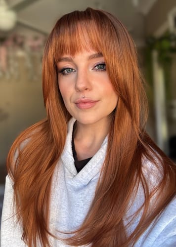 Customer photo review of JBEXTENSION 26 Inches Scalpiana Copper Wolf Cut 3.5X4 Hard Silky Top Natural Scalp Effect Wig With Bangs ELLIE COPPER Silk Top