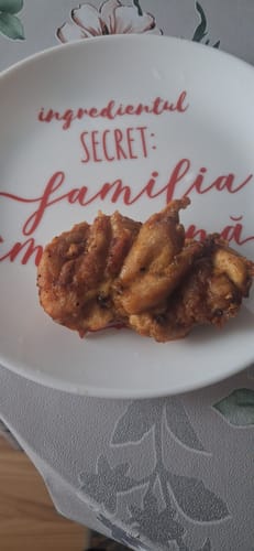 Reviewer's golden-brown fried chicken cooked in the Novio StonePro air fryer, served on a white plate.