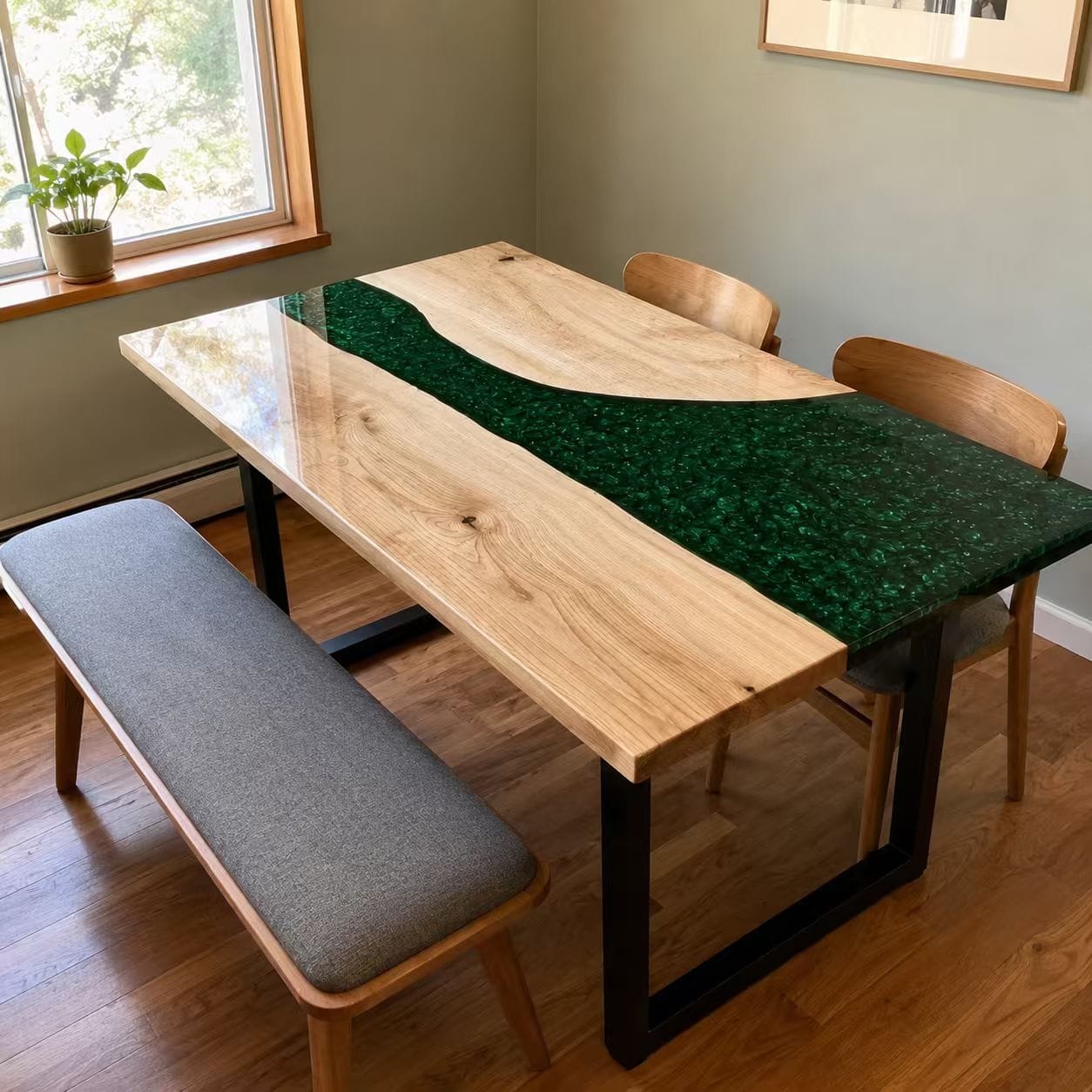 Customer photo review of Black Walnut with Swirl Green Epoxy Resin Dining Table