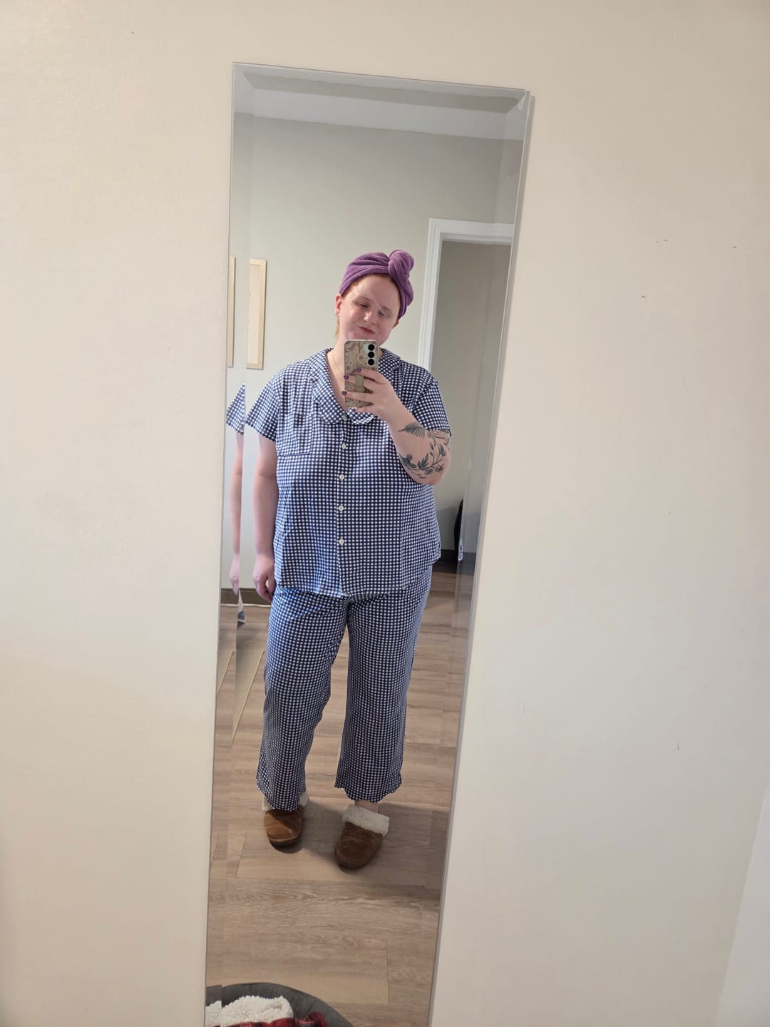 Customer photo review of Ladies Scalloped Collared Pant Set - NAVY GINGHAM