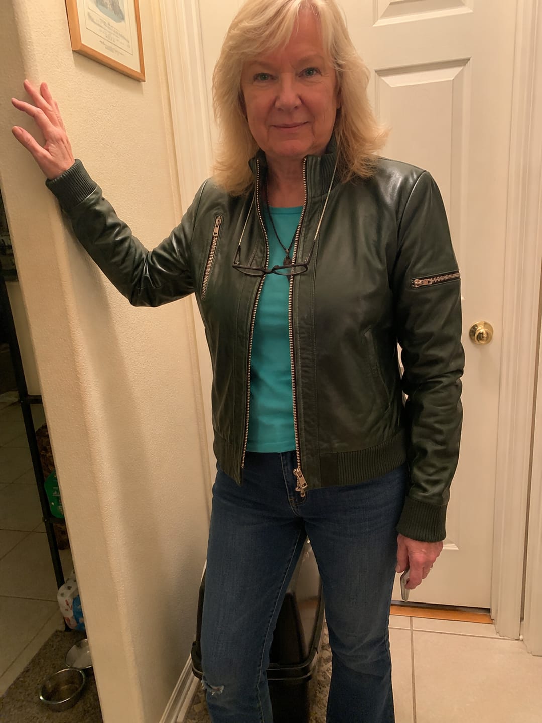 Customer photo review of Foresto Dark Green Leather Bomber Jacket For Women