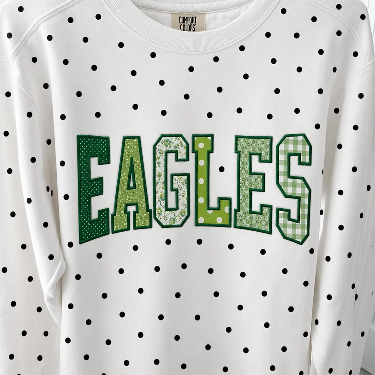 Customer photo review of Custom Patchwork Fabric Embroidered Polka Dot Sweatshirt Team and School Name Applique Varsity Letters | Game Day Wear