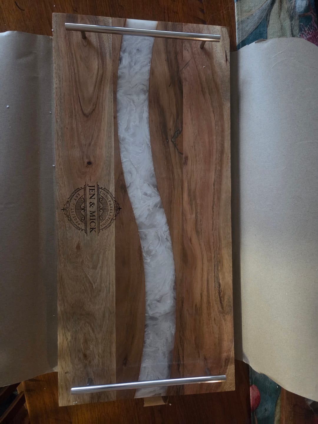 Customer photo review of Engraved Acacia Wooden & Resin Serving Handle Tray