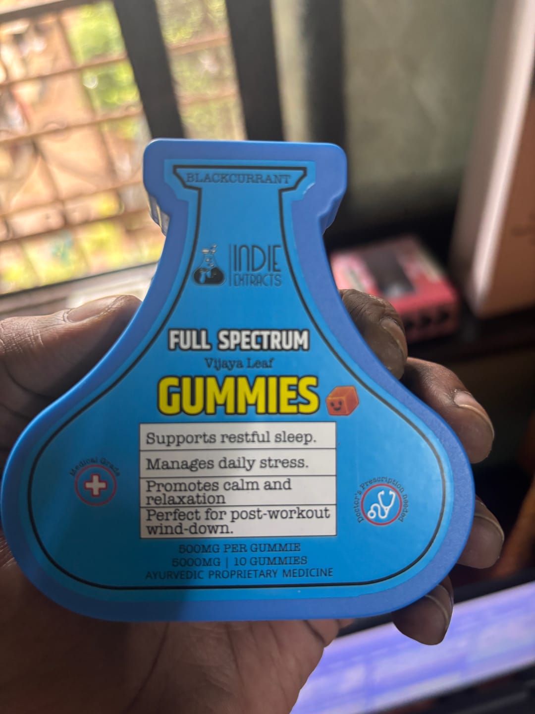 Customer photo review of Indie Extracts Full Spectrum Vijaya Leaf Extract Gummies 5000mg | 10pc Blackcurrant