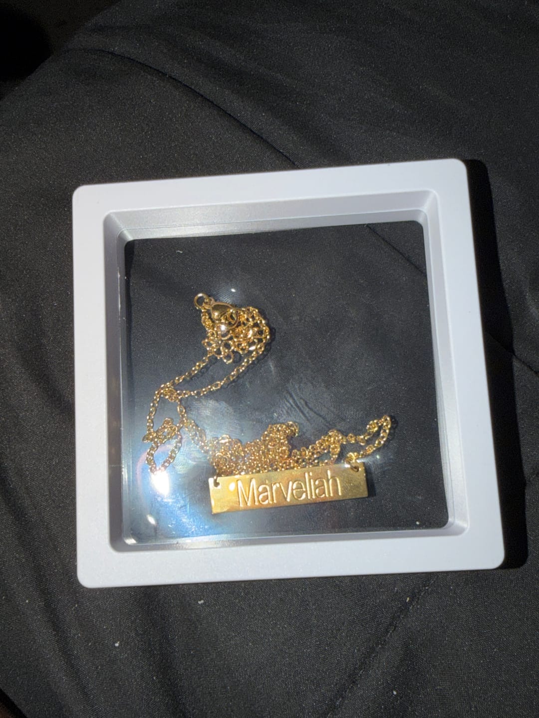 Customer photo review of Embossed Engraved Bar Necklace