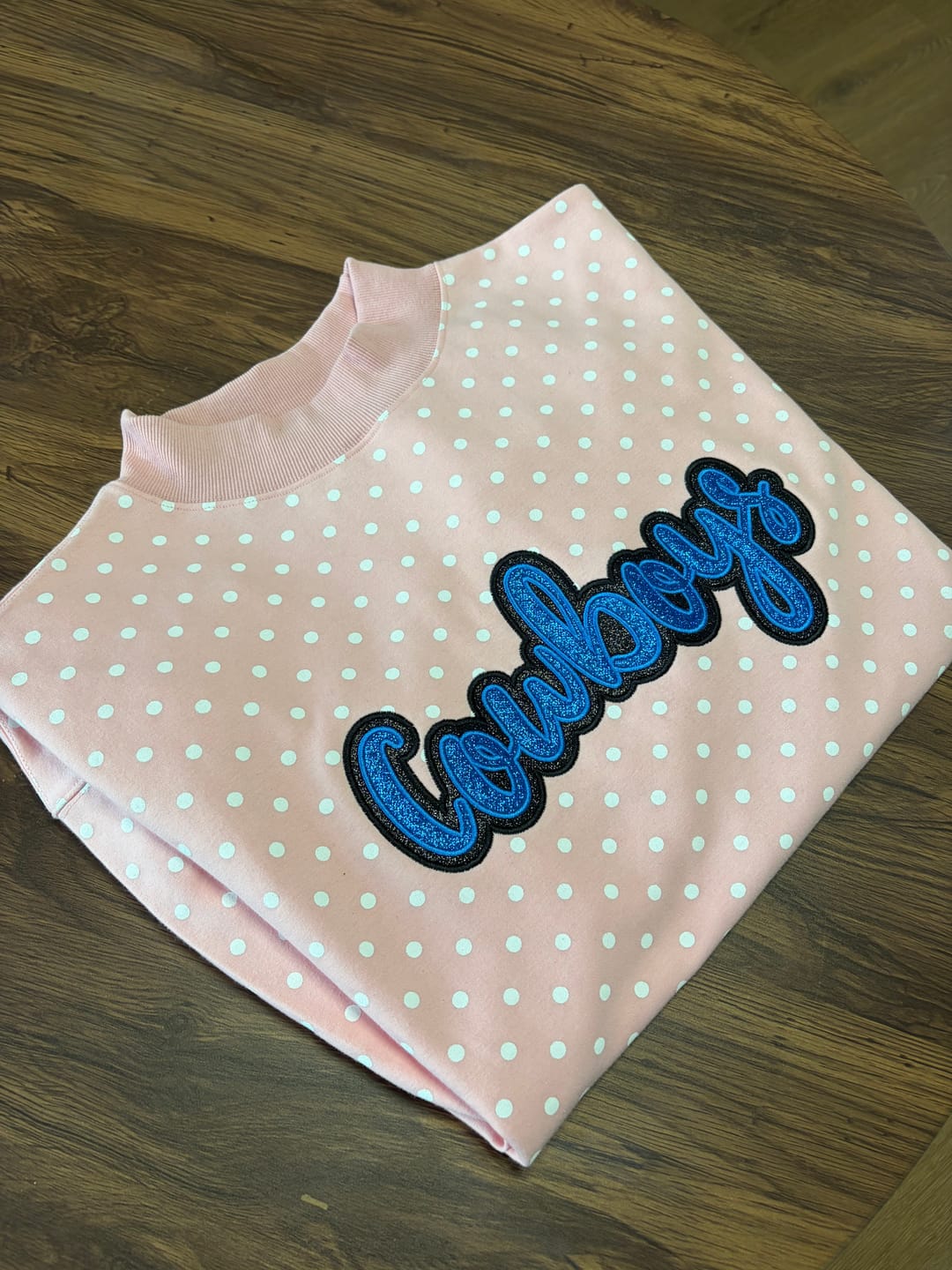 Customer photo review of Custom Glitter Team Name Polka Dot Mockneck | Game Day Wear