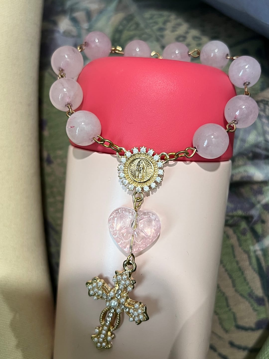 Customer photo review of SolaceBeads Artisan Rose Quartz Pocket Rosary: Soft Pink Beads with Sacred Cross & Marian Accents