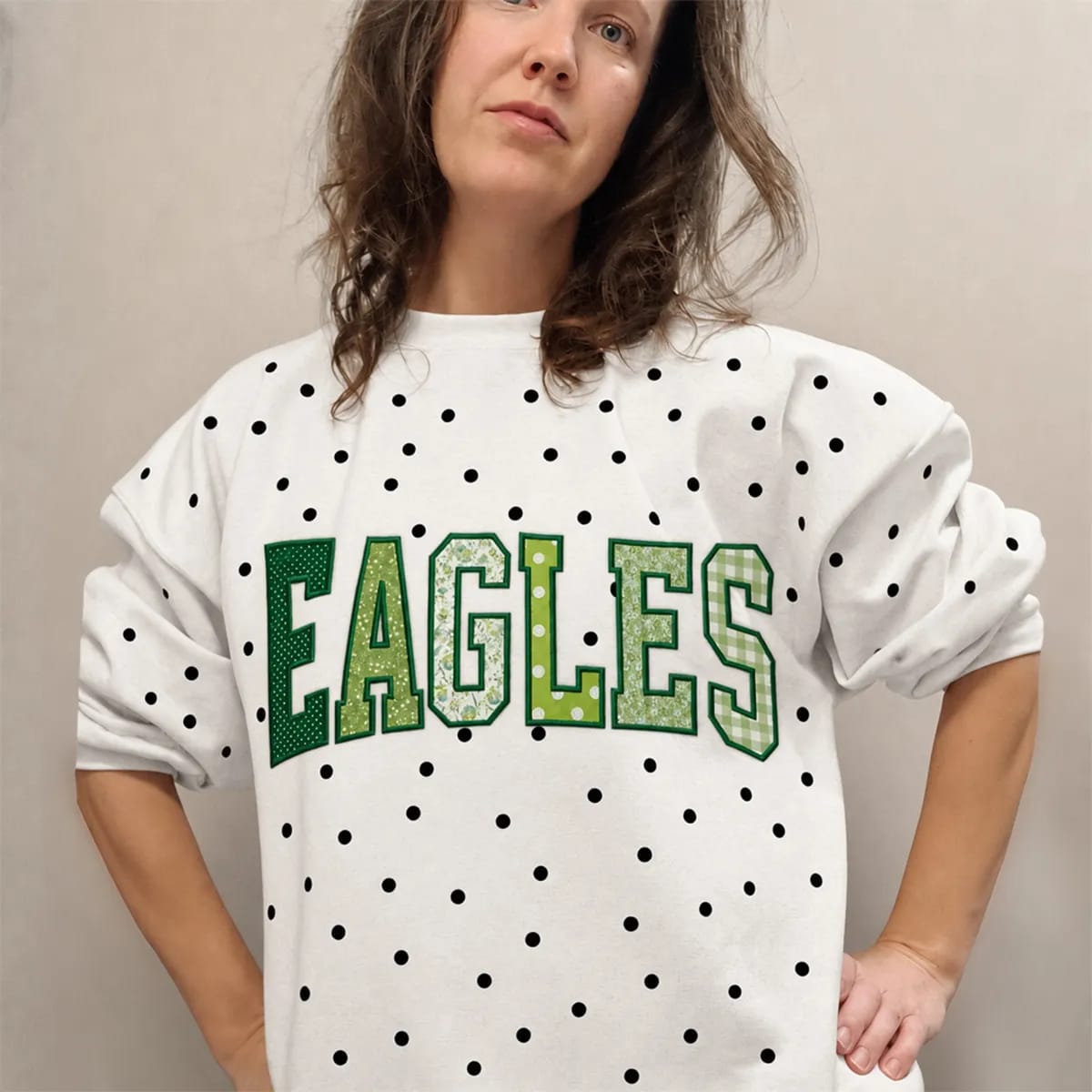 Customer photo review of Custom Patchwork Fabric Embroidered Polka Dot Sweatshirt Team and School Name Applique Varsity Letters | Game Day Wear