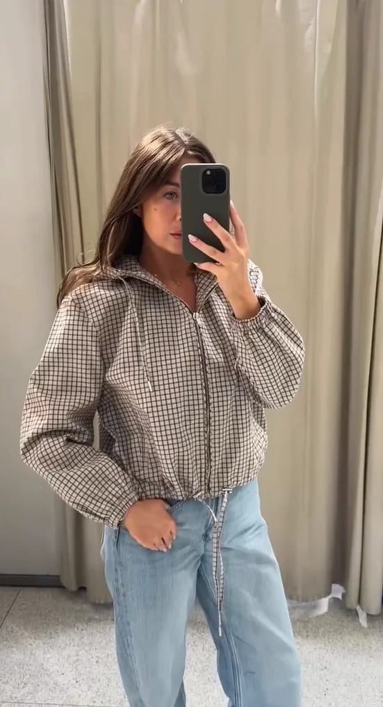 Customer photo review of Daniela Plaid Hooded Cropped Jacket