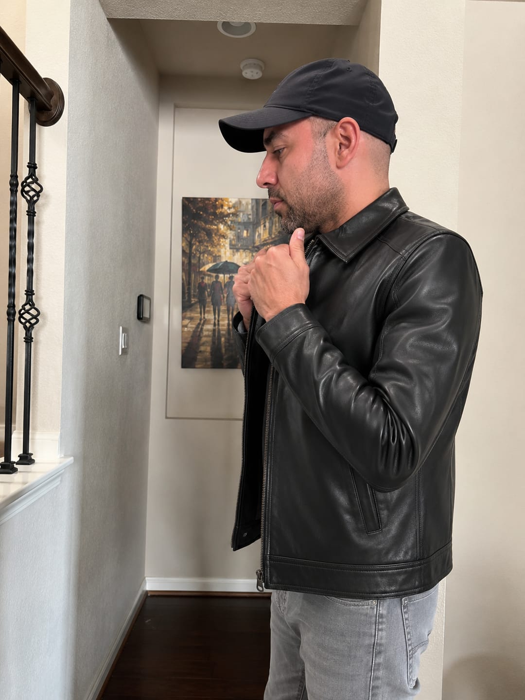 Customer photo review of Obsidian Black Leather Biker Jacket For Men