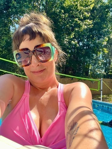 Customer photo review of Emoswim - Deep V Cross Back Ruched One Piece Swimdress